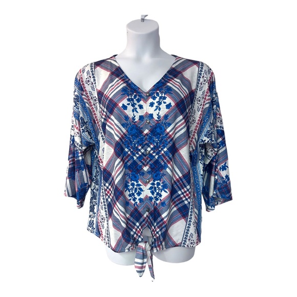 Style & Co. Tops - Style & Co Floral Plaid Tie Waist T-Shirt Knit Soft Stretchy Spring Casual Top